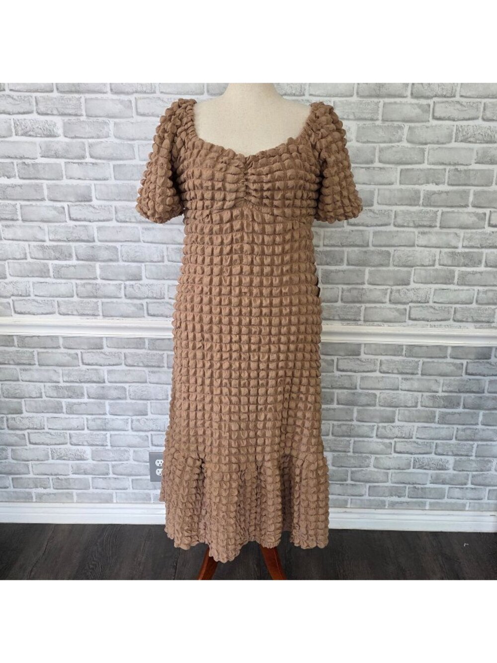NWT Böhme Miley Bubble Texture Dress XL Midi Taupe Brown Romantic Cottagecore